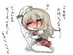  =_= ascot bangs blonde_hair blouse blush chibi commentary_request corset drooling drunk frilled_skirt frilled_sleeves frills gomasamune hair_between_eyes holding_bottle juliet_sleeves kantai_collection long_hair long_sleeves object_hug open_mouth pola_(kantai_collection) puffy_sleeves sitting skirt thigh-highs translation_request wariza 