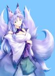  1girl animal_ears bare_shoulders blue_background breasts cleavage fox fox_ears fox_tail green_eyes hand_on_own_chest highres japanese_clothes kikyou_(sakuragi_rian) kitsune large_breasts lavender_hair light_smile long_hair looking_at_viewer multiple_tails off_shoulder original sakuragi_rian simple_background solo tail 