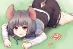  1girl all_fours animal_ears ass_cutout bangs black_skirt bobby_socks capelet eyebrows eyebrows_visible_through_hair fang grass grey_hair jewelry long_sleeves looking_at_viewer mouse_ears mouse_tail nazrin on_ground open_mouth pendant power-up red_eyes shone short_hair skirt socks solo squiggle tail tears touhou white_legwear 