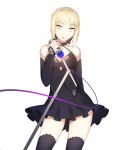  1girl absurdres black_dress black_legwear blonde_hair collar collarbone detached_sleeves dress fate/stay_night fate_(series) highres holding_microphone horz microphone saber saber_alter simple_background solo thigh-highs white_background yellow_eyes 