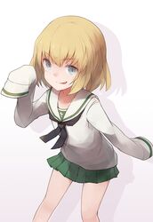  1girl blonde_hair blue_eyes cosplay eyebrows eyebrows_visible_through_hair fang girls_und_panzer highres katyusha leaning_forward looking_at_viewer neckerchief open_mouth oversized_clothes pleated_skirt roll_okashi school_uniform serafuku shadow short_hair simple_background skirt sleeves_past_wrists smirk solo 