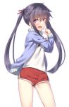  1girl black_hair blue_sweater ebisuzawa_kurumi gakkou_gurashi! gym_uniform hair_ribbon long_hair mikazuchi_zeus open_mouth red_ribbon red_shorts ribbon short_shorts shorts simple_background solo sweater twintails violet_eyes white_background 