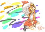  1girl ascot blonde_hair dress flandre_scarlet from_above hair_between_eyes hat head_tilt looking_at_viewer mary_janes mob_cap numa_(minus_4k) open_mouth puffy_short_sleeves puffy_sleeves red_dress red_eyes shirt shoes short_sleeves sitting sketch touhou white_shirt wrist_cuffs 