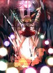  1girl absurdres blonde_hair danmaku dress flandre_scarlet full_body glowing glowing_eyes hat hat_ribbon highres hizagawa_rau laevatein mob_cap open_mouth puffy_short_sleeves puffy_sleeves red_dress red_eyes ribbon shirt short_sleeves side_ponytail smile solo touhou wings 