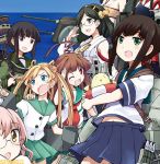  abukuma_(kantai_collection) adjusting_glasses ahoge bangs black_eyes black_hair blue_eyes brown_hair cannon comic commentary fubuki_(kantai_collection) glasses green_eyes green_hair headgear innertube kantai_collection kirishima_(kantai_collection) kitakami_(kantai_collection) kuma_(kantai_collection) looking_at_viewer makigumo_(kantai_collection) mizumoto_tadashi non-human_admiral_(kantai_collection) one_eye_closed pink_hair pleated_skirt ponytail red_eyes redhead salute school_uniform skirt 