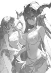  2girls anna_(granblue_fantasy) artist_request bikini breasts casual_one-piece_swimsuit cleavage danua frilled_swimsuit frills front-tie_bikini front-tie_top granblue_fantasy hair_between_eyes hair_over_one_eye highres horn_ornament horns large_breasts long_hair monochrome multiple_girls navel official_art one-piece_swimsuit parted_lips pointy_ears sarong scan swimsuit very_long_hair 