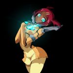  1girl android artist_request autobot blue_eyes dark_skin dress glowing glowing_eyes hair_ornament hairclip humanoid_robot machine machinery mecha redhead robot sari_sumdac science_fiction short_twintails solo thigh-highs transformers transformers_animated twintails wings 