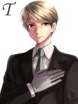  androgynous bangs black_jacket blonde_hair brown_eyes closed_mouth collared_shirt formal gloves green_necktie grey_gloves hair_between_eyes hand_on_own_chest jacket long_sleeves looking_at_viewer looking_to_the_side milcho necktie red_lips sawamura_tetsuo shade shirt short_hair simple_background smile solo suit upper_body white_background white_shirt yuureitou 