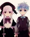  1boy 1girl 8ne_(nitika127) blue_eyes blue_hair bow bowtie braid caster_(fate/extra_ccc) dress fate/extra fate/extra_ccc fate/grand_order fate_(series) holding_hands long_hair nursery_rhyme_(fate/extra) short_hair smile twin_braids vest violet_eyes 