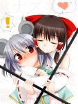  ! 2girls animal_ears blush bow brown_hair detached_sleeves grey_hair hair_bow hair_tubes hakurei_reimu heart hug hug_from_behind mouse_ears multiple_girls nazrin nnyara red_eyes rod spoken_exclamation_mark spoken_heart touhou 