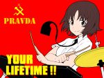  1girl alina_(girls_und_panzer) bangs brown_eyes brown_hair dress_shirt drum drum_set drumsticks emblem girls_und_panzer hanzawa821 holding instrument looking_at_viewer necktie open_mouth red_background shirt short_hair short_sleeves smile solo white_shirt 