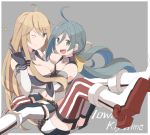  2girls ahoge bare_shoulders blonde_hair blue_hair blush_stickers boots breasts elbow_gloves garter_straps gloves grey_background grey_eyes grey_hair hair_between_eyes hug iowa_(kantai_collection) iowa_(kantai_collection)_(cosplay) kantai_collection kiyoshimo_(kantai_collection) large_breasts long_hair looking_at_viewer low_twintails miniskirt mismatched_legwear multicolored_hair multiple_girls navel one_eye_closed open_mouth raised_hand riz_(ravel_dc) sitting sitting_on_lap sitting_on_person skirt smile star star-shaped_pupils symbol-shaped_pupils thigh-highs twintails zettai_ryouiki 
