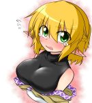  1girl arm_warmers bare_shoulders blonde_hair blush breast_hold breasts ear_blush embarrassed fang flying_sweatdrops green_eyes katsumi5o large_breasts looking_at_viewer mizuhashi_parsee nose_blush open_mouth pointy_ears short_hair sleeveless solo sweat tears touhou turtleneck upper_body 