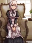  1girl :&lt; apron aqua_eyes chair curtains highres horns indoors konkito looking_at_viewer maid maid_headdress puffy_sleeves short_hair silver_hair sitting solo table window 