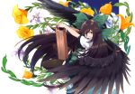  1girl arm_cannon black_legwear black_wings brown_hair floral_background flower hair_ribbon highres long_hair looking_at_viewer open_mouth outstretched_arms red_eyes reiuji_utsuho ribbon shirt short_sleeves skirt smile solo thigh-highs touhou touzai_(poppin_phl95) weapon white_background wings 