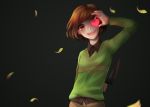  :d androgynous black_background brown_eyes brown_hair chara_(undertale) collared_shirt covering_one_eye cowboy_shot croakdrib heart knife knife_behind_back open_mouth petals shirt simple_background smile solo spoilers striped striped_sweater sweater undertale 