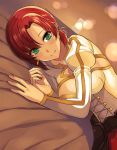  1girl asato_(fadeless) blue_eyes boudica_(fate/grand_order) corset earrings fate/grand_order fate_(series) highres jewelry lying on_side ponytail redhead smile solo 