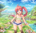  1girl ahoge bandeau black_legwear blue_eyes bracelet braid clouds flower hair_bobbles hair_ornament jewelry long_hair midriff mountain nature navel necklace open_mouth original outdoors outstretched_arms panties redhead ribbon scenery short_shorts shorts side-tie_panties side_ponytail sky smile solo stream thigh-highs tiphereth tree underwear water waterfall 