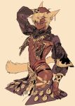  1boy animal_ears blonde_hair cat_ears cat_tail catboy dark_skin earrings final_fantasy final_fantasy_xiv hand_in_hair highres jewelry male_focus miqo&#039;te parted_lips pigeon666 puffy_sleeves scar solo sweat tail 