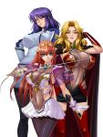  alicia_viewstream black_legwear blonde_hair blue_hair blush breasts cape capelet cleavage gloves green_eyes hair_ornament hand_on_hip highres holding holding_weapon jewelry kagami_hirotaka kangoku_senkan kangoku_senkan_2 large_breasts lieri_bishop lilith-soft long_hair looking_at_viewer looking_down maya_cordelia orange_hair panties pantyhose pleated_skirt red_eyes see-through simple_background skirt smile sword thigh-highs transparent_background underwear violet_eyes weapon white_gloves 