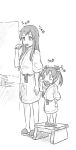  2girls akagi_(kantai_collection) alternate_costume brushing_teeth commentary_request faucet footstool hair_ribbon kantai_collection long_hair monochrome multiple_girls ribbon sakimiya_(inschool) sidelocks sink sketch slippers translation_request twintails younger zuikaku_(kantai_collection) 