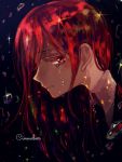  androgynous black_background black_necktie blush canarinu character_name colored_eyelashes crying crying_with_eyes_open from_side houseki_no_kuni necktie profile red red_eyes redhead shinsha_(houseki_no_kuni) simple_background solo sparkle tears uniform upper_body 