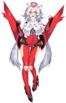  1girl :d covered_navel full_body katagiri_hachigou latias long_hair looking_at_viewer open_mouth personification pokemon simple_background smile solo twintails very_long_hair white_background white_hair wings yellow_eyes 