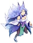  1girl animal_ears bare_shoulders breasts cleavage fox fox_ears fox_tail full_body green_eyes highres japanese_clothes kikyou_(sakuragi_rian) kitsune large_breasts lavender_hair long_hair looking_at_viewer multiple_tails off_shoulder open_mouth original sakuragi_rian simple_background solo tail white_background 