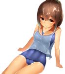  1girl boruhis brown_eyes brown_hair i-401_(kantai_collection) kantai_collection ponytail sailor_collar school_swimsuit see-through short_ponytail sitting swimsuit swimsuit_under_clothes tan tanline 