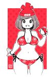  1girl beanie bikini breasts cleavage female_protagonist_(pokemon_sm) floral_print hat highres kenron_toqueen looking_at_viewer monochrome navel poke_ball pokemon pokemon_(game) pokemon_sm solo spot_color stomach swimsuit 