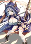  absurdres blue_hair bottle breasts character_request cleavage copyright_request fang fire gene_(gear_gene) gun highres hood horns looking_at_viewer rifle weapon yellow_eyes 