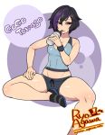  1girl agawa_ryou bare_shoulders big_hero_6 black_hair breasts character_name cleavage gogo_tomago midriff navel short_hair short_shorts shorts sitting solo sweat thick_thighs thighs 