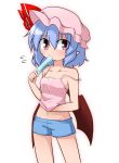  1girl adapted_costume bare_shoulders bat_wings blue_hair blue_shorts blush breasts cleavage collarbone contemporary cowboy_shot dress eating flying_sweatdrops groin hand_under_clothes hat hat_ribbon highres katsumi5o mob_cap navel off_shoulder pink_dress pink_eyes popsicle remilia_scarlet ribbon short_dress short_hair short_shorts shorts sleeveless small_breasts solo sundress sweat touhou wings 