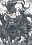  1girl black_hair bouncing_breasts breasts chain cleavage collar dog dress elbow_gloves gloves hair_over_one_eye highres long_hair looking_at_viewer monochrome monster_girl open_mouth original running scylla smile teeth tefec very_long_hair 