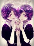  amethyst_(houseki_no_kuni) androgynous black_necktie braid canarinu character_name closed_mouth colored_eyelashes hair_over_one_eye head_to_head holding_hands houseki_no_kuni interlocked_fingers looking_at_another looking_at_viewer nail_polish necktie one_eye_covered puffy_short_sleeves puffy_sleeves purple_hair purple_lips purple_nails short_sleeves siblings simple_background smile sparkle twins uniform upper_body violet_eyes 