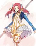  1girl blood boots dress eleanor_(tales) fingerless_gloves gloves long_hair pink_hair polearm solo spear tales_of_(series) tales_of_berseria twintails weapon yellow_eyes yurichi_(artist) 