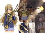  assault_rifle battle_rifle blonde_hair blue_eyes casing_ejection eyebrows firing gun hirasawa_yui k-on! kotobuki_tsumugi long_hair m14 military multiple_girls muzzle_flash rifle school_uniform scope shell_casing short_hair skirt suupii weapon 