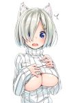 1girl animal_ears breasts bulbonne hair_ornament hair_over_one_eye hairclip hamakaze_(kantai_collection) highres kantai_collection open_mouth school_uniform serafuku short_hair simple_background surprised sweater 
