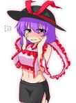  1girl adapted_costume bare_shoulders black_skirt blush contemporary cowboy_shot crop_top embarrassed flying_sweatdrops frills groin hands_on_own_cheeks hands_on_own_face hat hat_ribbon highres katsumi5o looking_at_viewer midriff nagae_iku navel nose_blush pink_eyes purple_hair red_ribbon ribbon shawl short_hair side_slit skirt sleeveless solo sweat tareme touhou wavy_mouth white_background 