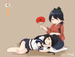  2girls ^_^ bangs bare_legs black_hair blunt_bangs closed_eyes commentary_request fan hakama hakama_skirt hatsuyuki_(kantai_collection) houshou_(kantai_collection) japanese_clothes kantai_collection lap_pillow long_hair momiji_(103) multiple_girls paper_fan pleated_skirt ponytail school_uniform serafuku skirt sleeping twitter_username uchiwa white_legwear 