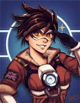  1girl artist_name blue_background brown_hair gloves goggles iahfy jacket overwatch short_hair smile solo spiky_hair tracer_(overwatch) union_jack 
