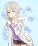  1girl :d anastasia_(idolmaster) blue_background blue_eyes coat cowboy_shot cross cross_necklace fur_collar idolmaster idolmaster_cinderella_girls jewelry looking_at_viewer masunosushi necklace open_clothes open_coat open_mouth short_hair shorts silver_hair smile snowflakes solo winter_clothes winter_coat 