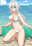  1girl bikini emilia_hermit green_eyes hundred kneeling_in_water long_hair namakemono_(u446644k) silver_hair swimsuit towel 