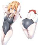  anchor_symbol arms_up ass blonde_hair blue_hair blush bodysuit breasts closed_mouth competition_swimsuit from_behind grey_swimsuit gurande_(g-size) highres kantai_collection legs_together looking_at_viewer low_twintails multiple_views one-piece_swimsuit prinz_eugen_(kantai_collection) short_hair simple_background skin_tight smile standing swimsuit twintails white_background 