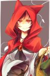  1girl basket brooch brown_hair fingernails hood imaizumi_kagerou jewelry kutsuki_kai little_red_riding_hood little_red_riding_hood_(cosplay) long_fingernails long_hair long_sleeves looking_at_viewer nail_polish red_eyes red_hood red_nails shaded_face smile solo touhou upper_body wide_sleeves 