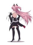  1girl black_boots black_dress boots detached_sleeves dress from_behind hair_ornament hands_on_hips krul_tepes kyuutou_(kyuutouryuu) long_hair owari_no_seraph pink_hair pointy_ears simple_background solo thigh-highs thigh_boots white_background 