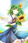  1girl ascot blue_dress daiyousei dress fairy_wings flower green_eyes green_hair hair_ribbon kutsuki_kai looking_at_viewer puffy_short_sleeves puffy_sleeves ribbon shaded_face short_sleeves side_ponytail smile solo sunflower touhou wings yellow_ribbon 