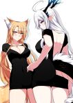  2girls ahoge animal_ears arms_behind_back ass blush breasts cleavage covered_navel cowboy_shot dragon_girl dragon_horns dragon_tail dress earrings fox_ears fox_tail heart horns jewelry konshin large_breasts long_hair looking_at_viewer multiple_girls open-back_dress original pointy_ears short_dress silver_hair slit_pupils smile tail thighs very_long_hair violet_eyes white_background 