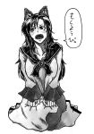  1girl animal_ears barefoot blush breasts brooch dress fangs hips imaizumi_kagerou jewelry koyubi_(littlefinger1988) large_breasts long_hair looking_to_the_side looking_up monochrome open_mouth sitting solo tongue touhou very_long_hair wariza wolf_ears 