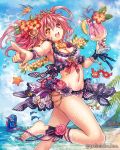 2girls apple armpits bandages bangs barefoot bikini blonde_hair breasts cleavage clouds cocktail_glass company_name crab cup dolphin drinking_glass earrings eikou_no_guardian_battle flower flying food frills fruit hair_flower hair_ornament hair_ribbon heterochromia highres holding jewelry leaf looking_at_viewer madogawa midriff monster multiple_girls nail_polish navel ocean official_art original outstretched_arms pineapple pink_eyes pink_hair pointing ribbon short_hair sky smile solo_focus starfish swimsuit tiara tree_branch yellow_eyes 